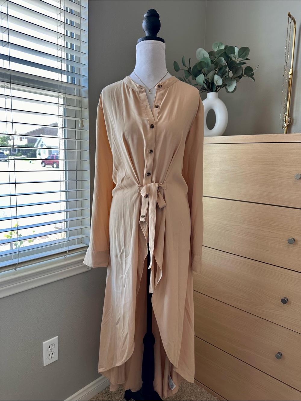 Light Tan High-Low Button Front Tie-Waist Women's Blouse